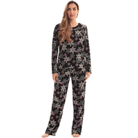 Ensemble pyjama d'hiver pour femme, imprimé flocons de neige, haut à manches longues et col rond, pantalon large, vêtements de nuit en tricot doux, tenue décontractée pour la maison