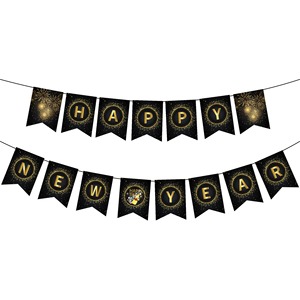 Happy New Year <b>Banner</b> Black & Gold New Year's Eve Party Bunting Sparkling Hanging Garland - Product Image 4