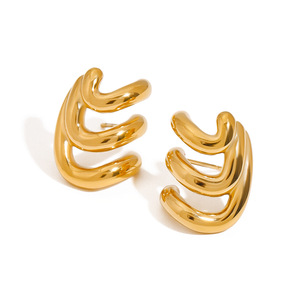 Geometric Wave <b>Stud</b> <b>Earrings</b> 18K Gold Stainless Steel Three Layer Irregular Design Fashion Jewelry - Product Image 1
