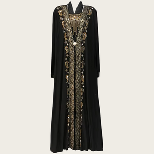 Black Beaded Geometric <b>Plus</b> <b>Size</b> Abaya Dress Loose Fit Long Sleeve Floor Length Modest V Neck Women's Traditional Muslim - Product Image 1