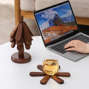 Latest Tree Shaped Custom Solid Wood Tea Drink Coaster <b>Stand</b> Laser Engraving Round <b>Trivets</b> Set With Holder for Hot Dishes - Product Image 5