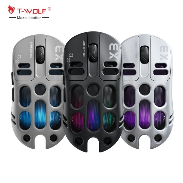 T-WOLF X3 Tri-mode Wireless Gaming Mouse Wireless Wired BT Hollow-carved Mouse RGB 8000DPI 6D Gaming Macro Programming Mouse