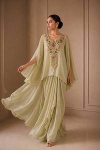 Luxury Silk <b>Kaftan</b> and Draped Skirt with Sleeveless Blouse Hand Embroidery Stitched Elegant Outfit for Women Wedding Festive - Product Image 4
