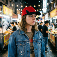 Gorra de Béisbol Oxford en Rojo y Negro con Contraste de Color, Estilo Vintage Lavado, Bordado de Puntos/Frutas, Ajustable, Unisex, para Deportes al Aire Libre