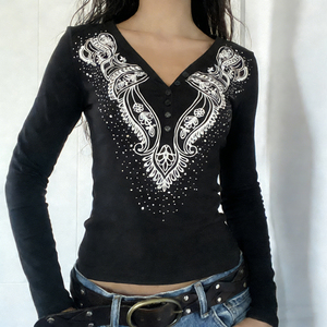 Women's <b>Gothic</b> Eco-Friendly Button Floral Print Long Sleeve V-Neck Stretchy Knit Casual T-<b>Shirt</b> for Club Nightclub - Product Image 4