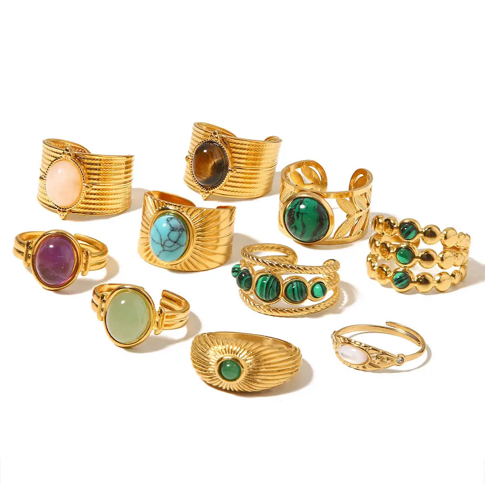 European and American vintage stainless steel ring 18k gold plated ring set with malachite jewelry