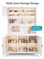 Buffet de cuisine en acier, armoire de rangement en métal avec panneau perforé et porte en verre cannelé trempé pour cuisine