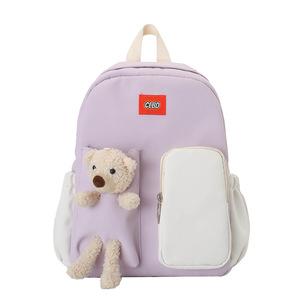 Clbd Nylon <b>Backpack</b> 15 Inches Solid Color With Bear Plush Toy For <b>Student</b> School Use - Product Image 5