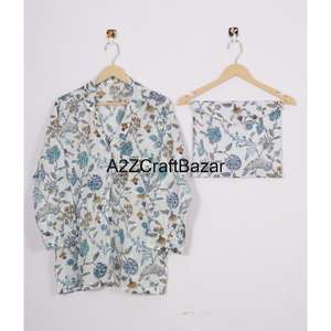 Conjunto de pijama de algodón 100% para mujer, camisón cómodo con estampado Floral azul, pantalones de manga larga, cintura elástica, ropa de dormir personalizada para - Product Image 2