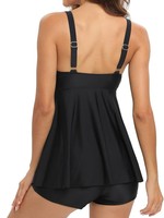 Top de tankini con aros para mujer, cuello en V, fluido, de licra/nailon, traje de baño negro, talla XX-Large