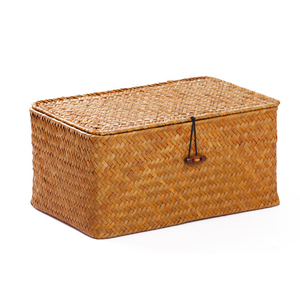 Rattan Storage BasketBrown Rectangular Makeup Organizer Container with Lid Handwoven Seagrass box