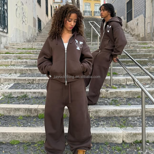 Custom Flat Embroidery Sweatsuits Two Pieces Fleece Tracksuit Set <strong>Oversized</strong> Cotton <strong>Joggers</strong> Flared Sweatpants and Hoodie Set Men - Product Image 2