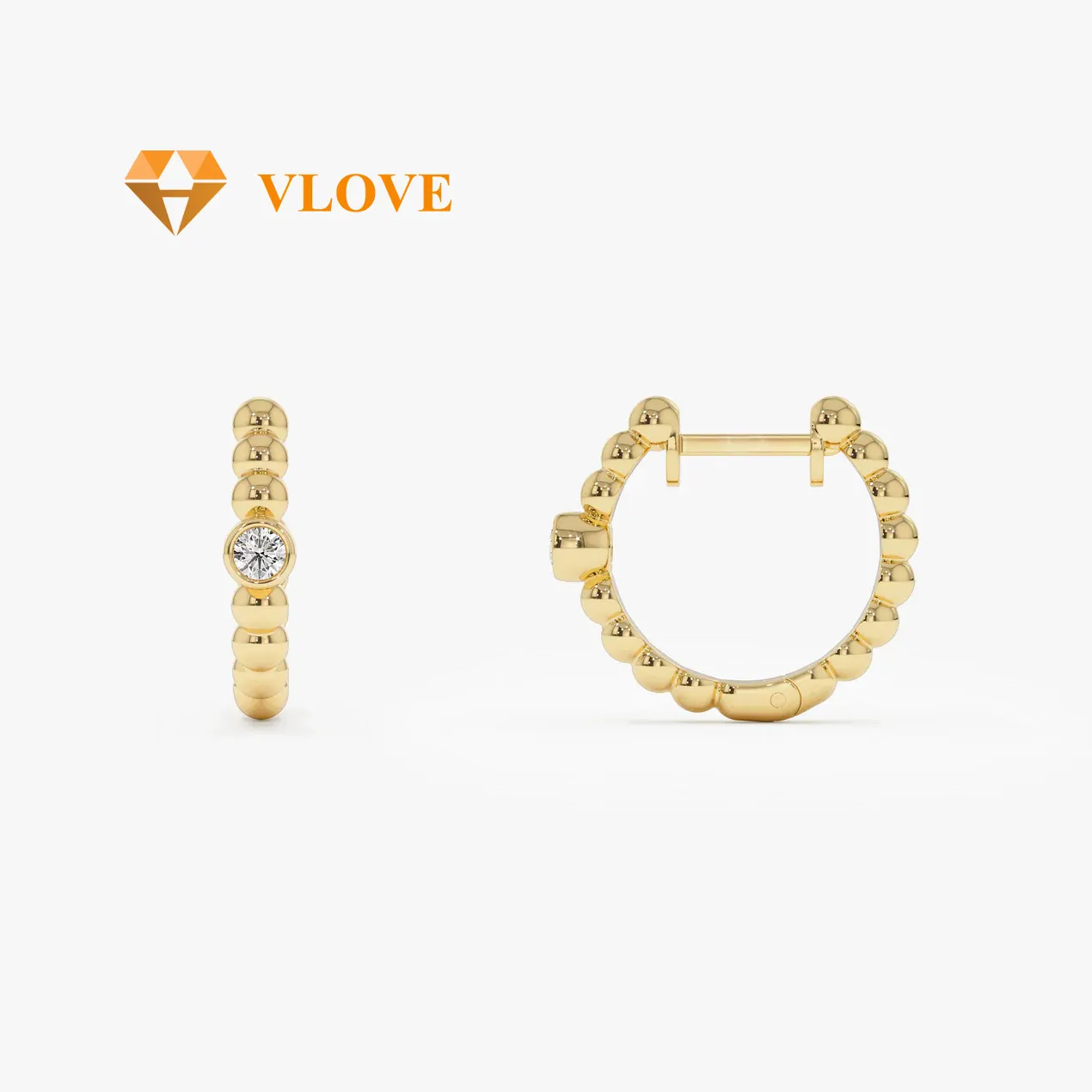 Vlove cao cấp tùy chỉnh nhà máy đồ trang sức rắn vàng trang sức 14k bezel thiết lập đính cườm kim cương Huggies