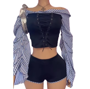 Viviblook Z1127ST06, camisas a rayas de manga larga con cuello oblicuo, conjunto de pantalones cortos ajustados de cintura alta, conjunto de dos piezas de color para mujer - Product Image 1