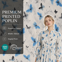 Direkt vom Hersteller: Organischer Gewebter Blauer Schmetterlingsdruck 100% Baumwoll-Popeline-Stoff für Kleider, Hochwertig, Maßanfertigung Möglich, Kleine Mindestbestellmenge