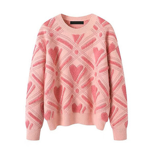 Pull en tricot jacquard rose à motif cœur pour femme Dalang, col rond, coupe ample, pull chaud d'hiver, anti-boulochage, manches longues - Product Image 1
