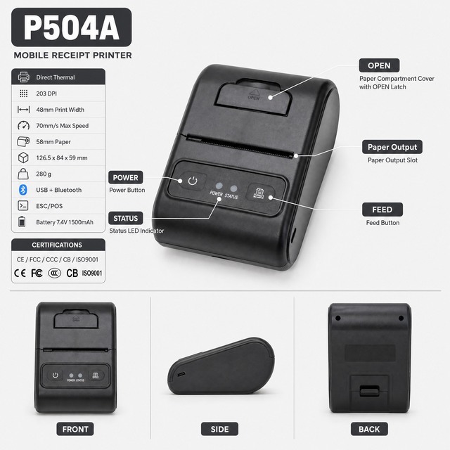 Portable 58mm Thermal Receipt Printer with Bluetooth 70mm/s Speed, Handheld Bill Printer for Retail Restaurant Food Delivery