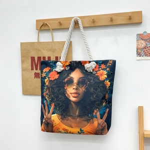 Groothandel Grote Capaciteit Vrouwen Canvas Zwarte Kunst Afrikaanse Meisje Print Draagtas Met Hennep Handvatten - Product Image 6