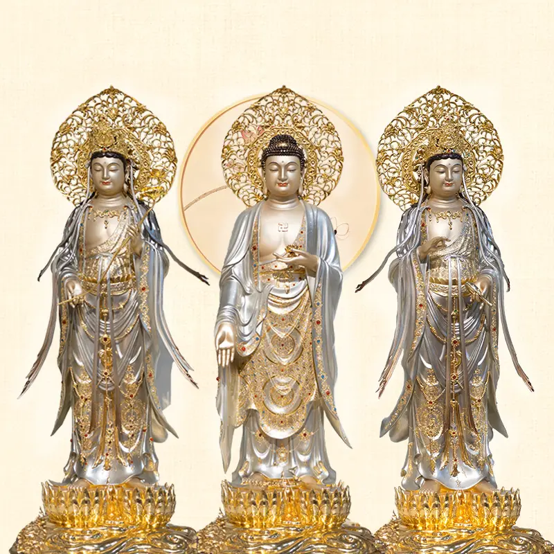 Western Tiga Suci Perunggu dengan Berlapis Emas Sakyamuni Buddha Guanyin Bodhisattva Besar Momentum untuk Buddha Lotus dasar