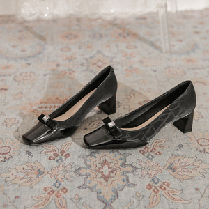 Genuine Leather Square Toe Mary Jane Pumps With Buckle Decoration <b>Block</b> Slip On High Heeled Shoes For Women All Seasons Shoes - Product Image 2
