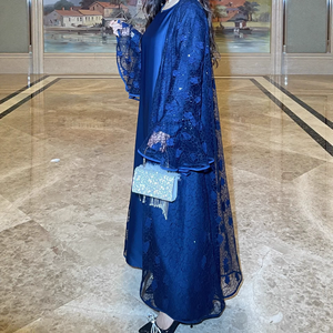 Robe maxi musulmane en satin de luxe LEDUO, deux pièces, avec broderies et manches évasées en dentelle, Abaya - Product Image 2