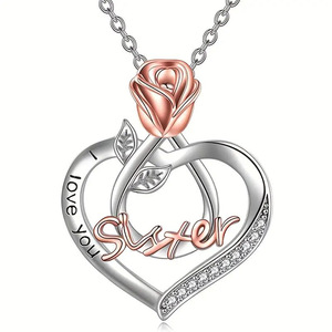 Collana con ciondolo a forma di cuore placcato oro rosa con strass in cristallo Ti amo sorella, regalo per donna, gioielli alla moda - Product Image 1