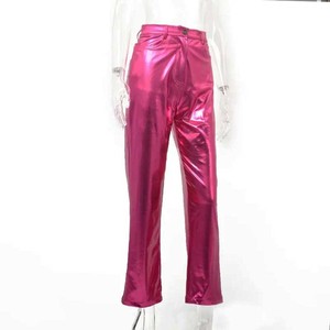 <span class=keywords><strong>Pantaloni</strong></span> da <span class=keywords><strong>donna</strong></span> a gamba dritta a vita alta in similpelle lucida color argento metallizzato, stile denim a gamba larga con tasche a vita media - Product Image 4