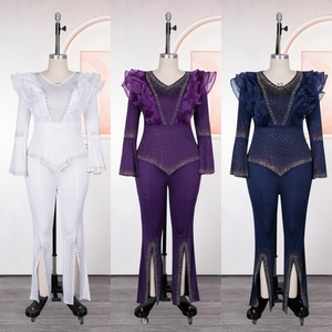 11018 Tenues africaines de luxe pour femmes, ensemble 2 pièces pour soirée, haut à col en V avec strass et manches à volants, <span class=keywords><strong>pantalon</strong></span> évasé fendu pour femmes - Product Image 3
