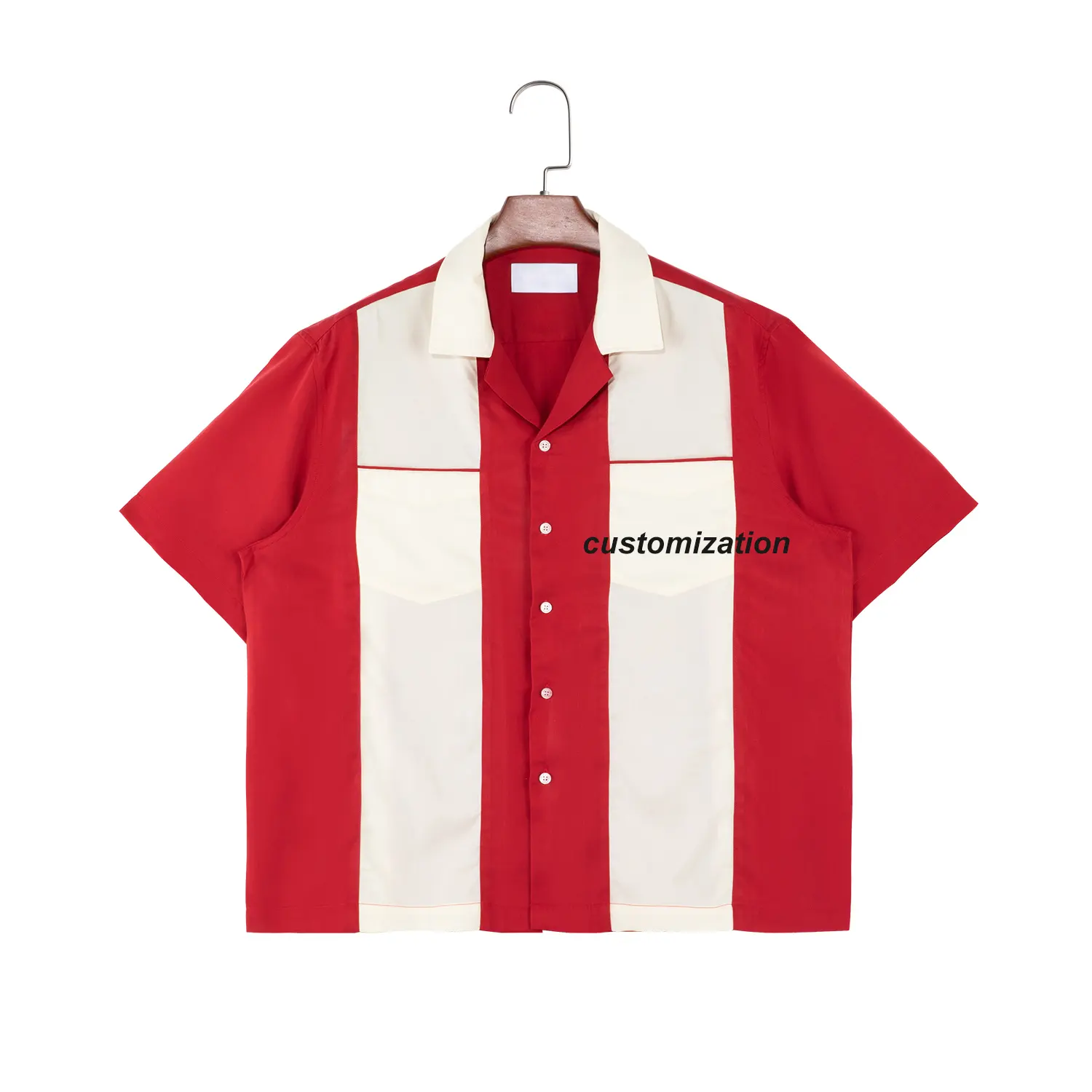 बॉटन अप क्यूबन कॉलर शर्ट लाल सफेद कलर मैच ब्लॉकिंग शॉर्ट स्लीव बॉलिंग शर्ट दो पॉकेट के साथ