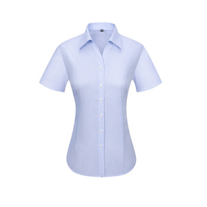 Camicia a maniche corte da <span class=keywords><strong>donna</strong></span> in tessuto di cotone con scollo a V camicia da ufficio formale a righe blu uniforme da ufficio per <span class=keywords><strong>donna</strong></span> - Product Image 1