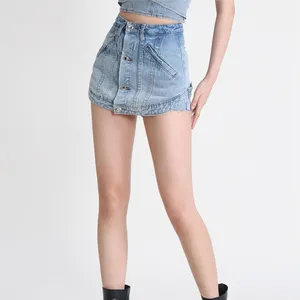 Y2K rok celana pendek denim wanita, pakaian jalanan pinggang tinggi dua potong