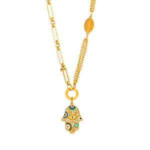 Lujosos diseños únicos <span class=keywords><strong>Hamsa</strong></span> mano bendición trae buena suerte Durable resistente al amarilleo 18K oro titanio acero joyería conjunto - Product Image 6