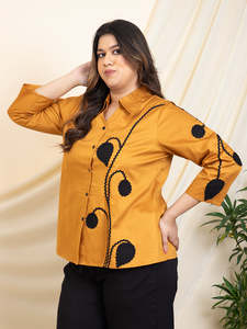 Solid Cotton Leaf Patch Work Plus Size <b>Shirt</b> for Women Spread Collar Neck Long Sleeves Party Western Casual Summer Wear Stylish - Product Image 3