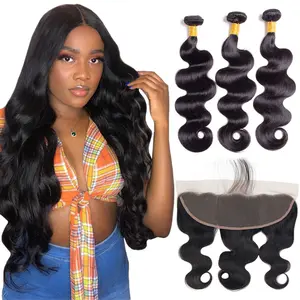 Double Drawn Human Hair Bundles Cuticle Aligned Unprocessed Indian Virgin Hair Weft With 4*4 Lace Closure Body Wave Bundle Deals
