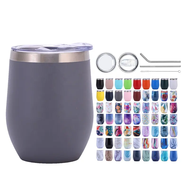 12 Oz Trứng Thép Không Gỉ Nhiệt Rượu Vang Cốc Cách Nhiệt Stemless Du Lịch Rượu Vang Thủy Tinh Cốc Cà Phê Với Nắp Và Tái Sử Dụng Rơm