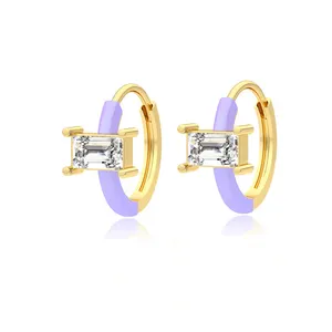 ZHEFAN Jewelry 925 Silver Fine Jewelry White Cz14k Gold Purple Enamel Huggie Hoop Earrings