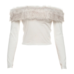 10833 Autumn and Winter New Slim Fit One Collar <b>Fur</b> Patcwork Contrasting Long Sleeved Tsrt Top - Product Image 6
