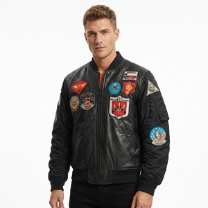 Blouson aviateur en cuir véritable pour <span class=keywords><strong>homme</strong></span>, taille américaine personnalisée MA-1, avec patchs brodés, en cuir de mouton, vintage, automne, réversible, OEM - Product Image 1