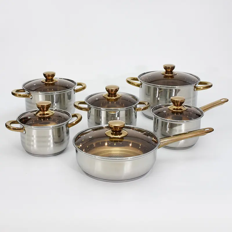 2022 New Design Cookware Hotel Kitchen Metal Stainless Steel Non Stick Cooking Pot Set With Glass Lid