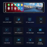 Carplay Android Auto Dual Lens Dash Cam Layar Sentuh 12 Inci IPS Depan 4K Belakang 1080P Perekam Cermin Kotak Hitam Mobil