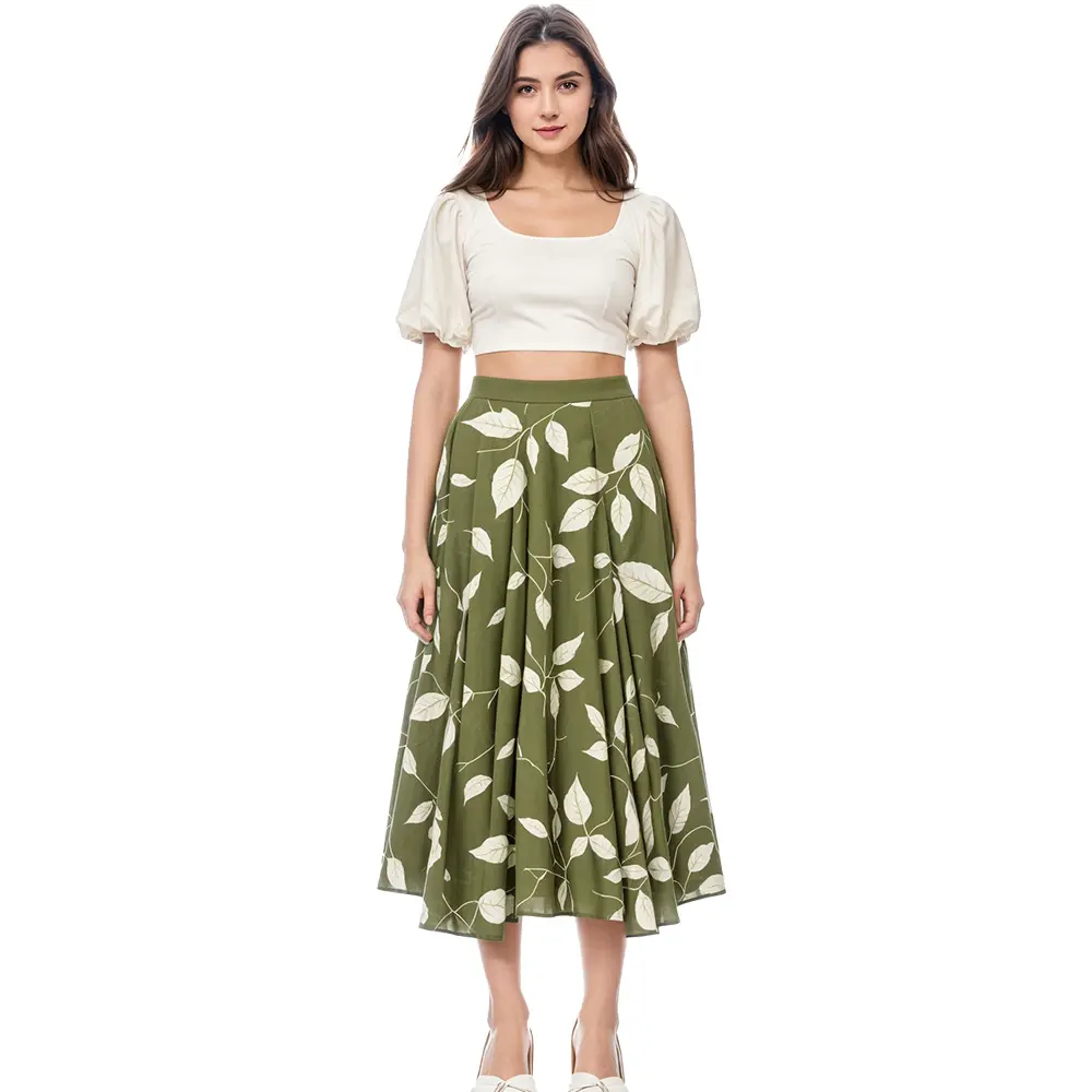 OLAESA High Quality Women Casual Skirt A Line Print Skirt High Waist Midi Skirt Women Summer Wear