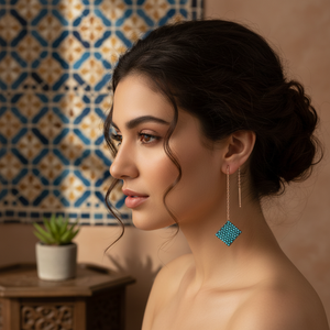 Nano Turquoise <b>Ear</b> <b>Cuff</b> Square Design Turkish Wholesale Handcrafted <b>Silver</b> Thread Earrings - Product Image 3