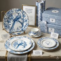 Service d'assiettes de luxe en porcelaine fine, motif élégant, céramique, vintage, motif oiseau bleu, bord doré, vaisselle de table pour boutique et détaillants