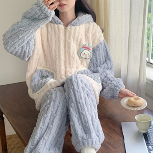 Pijamas de invierno para mujer con cremallera de felpa con capucha de dibujos animados lindo uso diario pijamas conjuntos de ropa de dormir - Product Image 6