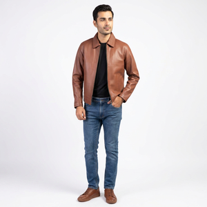 Finer Threads <b>Men's</b> Coated Stand Waterproof Genuine <b>Leather</b> Varsity <b>Jacket</b> Breathable High Quality Zipper Closure Plus Size - Product Image 1