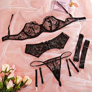 Fancy Lingerie hitam seksi bordir Floral thong seksi Bra Garter setelan 4 potong pakaian dalam indah renda mewah halus - Product Image 6
