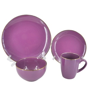 Personnalisé 16 pièces Violet <span class=keywords><strong>Grès</strong></span> <span class=keywords><strong>Vaisselle</strong></span> En <span class=keywords><strong>Grès</strong></span> Émaillé Couleur Dîner serti de Métal Bordure Dorée - Product Image 1