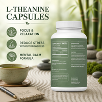 Capsules d'antioxydant L-Théanine 200mg à marque privée OEM/ODM – Complément pour la relaxation et la concentration, végétalien, sans OGM, sans gluten, vente en gros en vrac