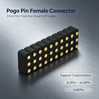 Connecteur femelle Denentech Pogo Pin, pas de 3,0 mm, triple rangée, tête droite SMT, H2,5 mm et H4,0 mm, contact plan concave pour PCB