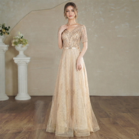 Robe de soirée longue couleur or champagne, col en V, coupe trapèze, ornée de perles et de sequins, à manches courtes, broderie florale, sur mesure, vente en gros